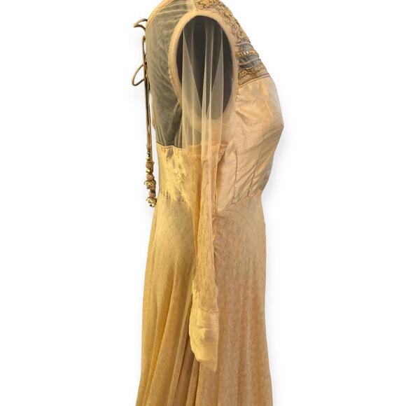 Anarkali Suit With Bandhani Dupatta Royal Neckline Gold Embellishment - Picture 7 of 9